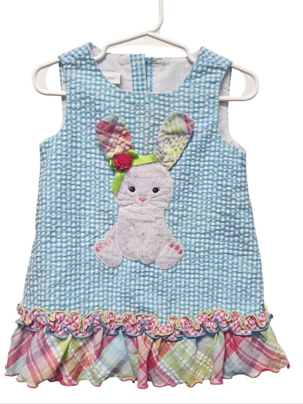 Bonnie Jean Girls Easter Bunny Seersucker Dress Size 2T Blue Gingham Plaid Ruffl